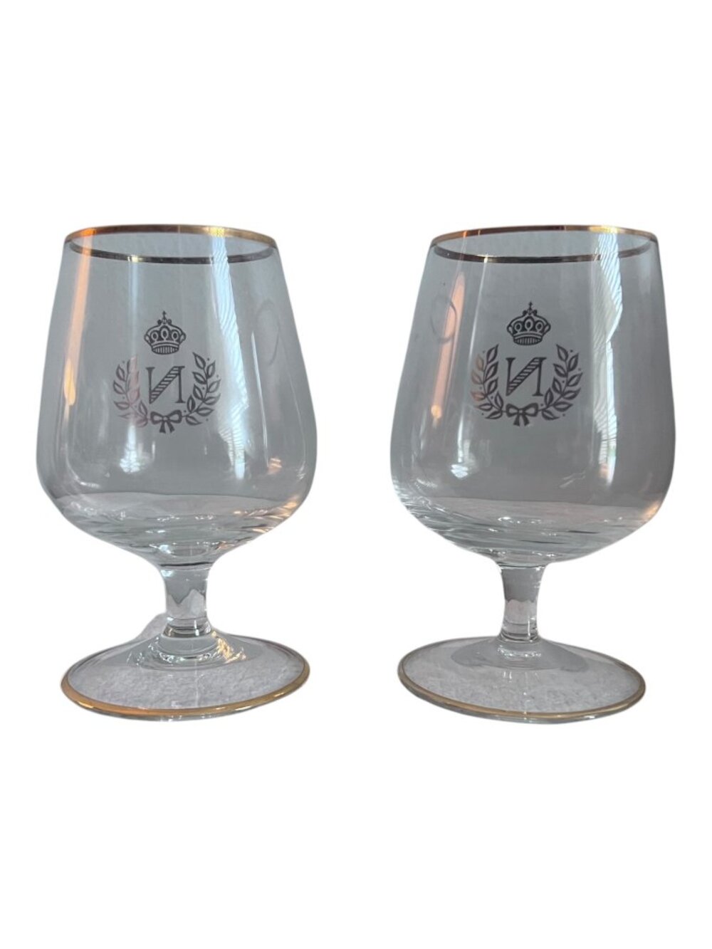 2 Monogram N Crown Snifter Glasses Pair Smoked Gray Brandy Barware